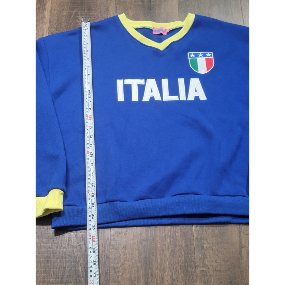 Edikted Italia Graphic Sweatshirt Blue Yellow V-Neck Pullover Medium